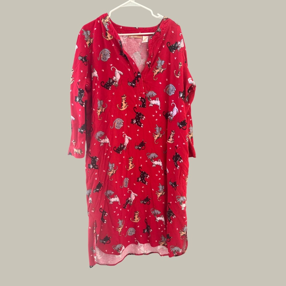 La Cera Womens XL Red Cotton Flannel‎ Cat Print Henley Nightgown Long Sleeve